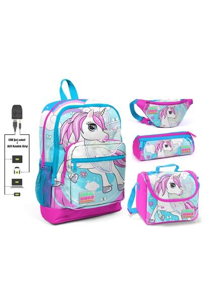 Coral High Mavi Unicorn Baskılı 4'lü Kız Çocuk Ilkokul Çanta Seti - Usb Soketli