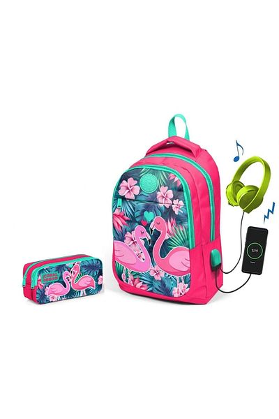 Yaygan Coral High Pomegranate Flower Flamingo Girl's Primary School Bag and Pen Holder Set - With USB Socket