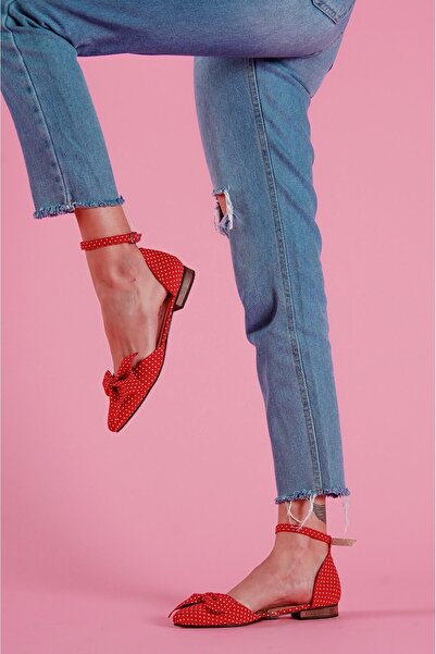 DİVOLYA Mambo Red Polka Dot Bow Ankle Strap Pointed Toe Casual Ballerinas