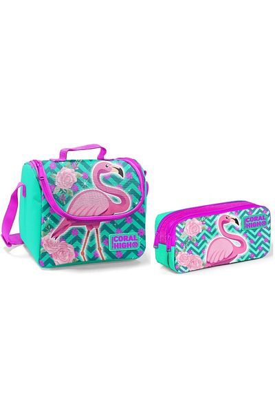 Yaygan Coral High Lunch Box and Pen Holder Set - Green - Flamingo - Girl