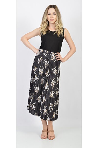 SORALLİNE Fusta plisată de damă cu imprimeu satinat 781 negru
