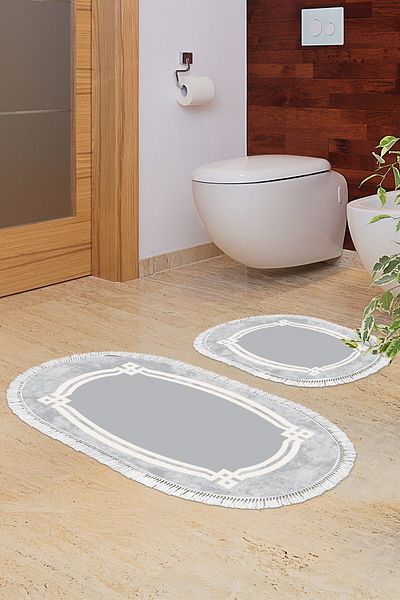 Alanur Home Eko Trend Djt 2 Pack Πλενόμενη αντιολισθητική βάση Οβάλ Χαλάκι μπάνιου 657m Μοντέρνο Γκρι (60 X 100 - 50 X 60)