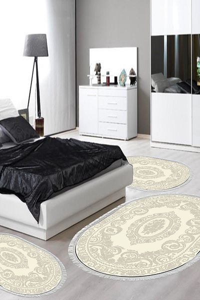 Alanur Home Eko Trend Djt Πλενόμενη αντιολισθητική βάση Οβάλ Σετ Υπνοδωματίου 3 τεμαχίων 747 Classic Cream