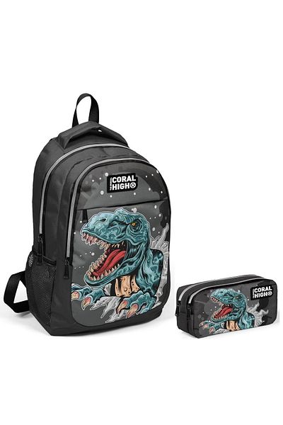 Yaygan Coral High Dinosaur Printed Boys' Primary School Bag and Pen Holder Set