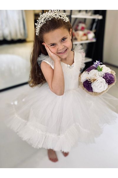 BLACK Λευκό φόρεμα για κορίτσι με λεπτομέρεια φούστας