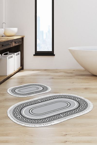 Alanur Home Eko Trend Djt 2 Πλενόμενη αντιολισθητική βάση Οβάλ Χαλάκι μπάνιου 651m Μοντέρνο Γκρι (50 X 80 - 40 X 50)