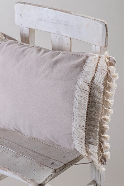 vivamaison Tekli Özel Tasarım Bej Dantelli Püsküllü Pamuk Kırlent Yastık Kılıfı 35x55 Cm