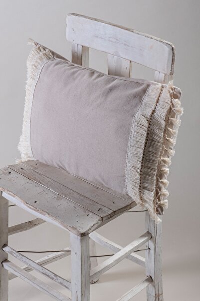 vivamaison Tekli Özel Tasarım Bej Dantelli Püsküllü Pamuk Kırlent Yastık Kılıfı 35x55 Cm