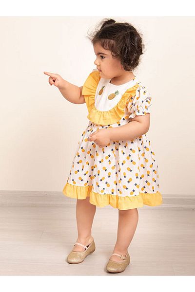 Mika Bebek & Çocuk Yellow and White Girl's Half Sleeve Summer Dress with Pineapple Embroidery