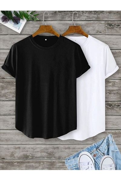 NewCabin New Season Unisex Μαύρο και άσπρο Oversize Απλό Βασικό Βαμβακερό Πλεκτό T-shirt 2 Πακ