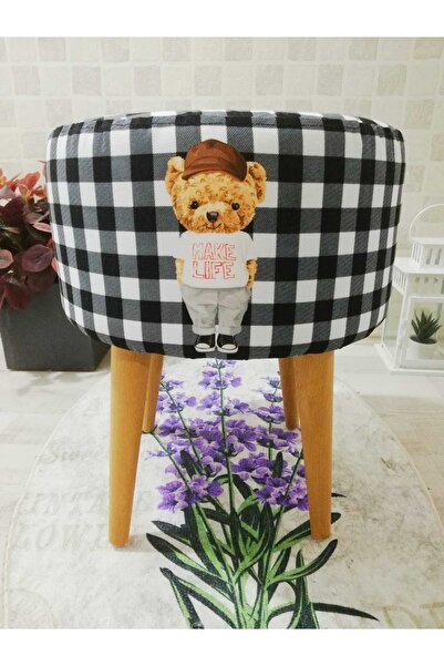 PufyHome Etna Tedy Siyah-beyaz Doğal Gürgen Ayaklı Çok Amaçlı Puf Koltuk