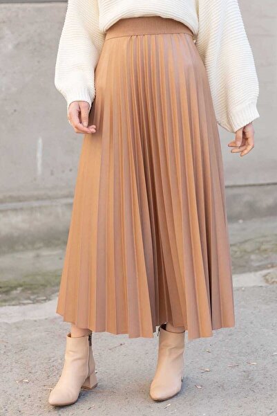 MATİZEN Deri Görünümlü Beli Lastikli Piliseli Etek