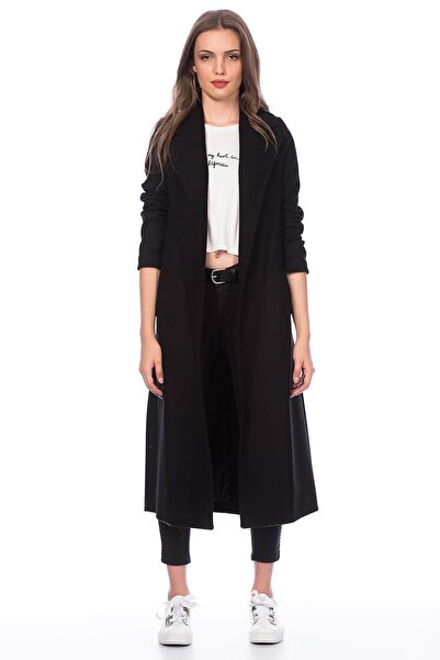 Pitti Women's Black Stamped Men's Collar Long Belted Pocket Lined Coat 70426