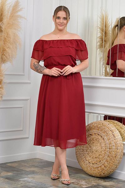 Neşeli Butik Rochie din șifon de mărime mare, cu centură burgundă, pentru femei Nb8061