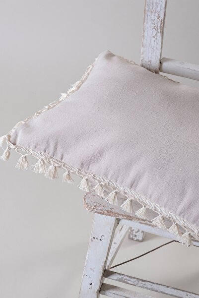 vivamaison Tekli Özel Tasarım Bej Pamuk Ponponlu Kırlent Yastık Kılıfı 35x55 Cm