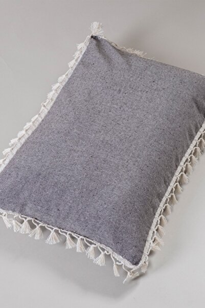vivamaison Tekli Özel Tasarım Kahverengi Pamuk Ponponlu Kırlent Yastık Kılıfı 35x55 Cm