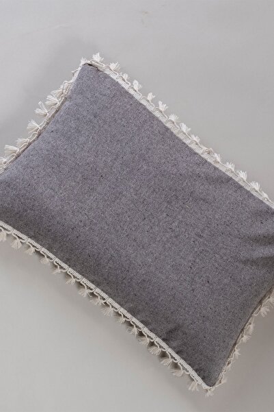 vivamaison Tekli Özel Tasarım Kahverengi Pamuk Ponponlu Kırlent Yastık Kılıfı 35x55 Cm