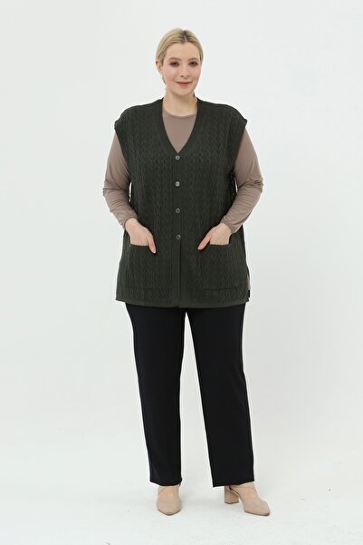 TEK Yazlık Cepli Klasik Merserize Baklava Ajurlu Büyük Beden Anne Yeleği