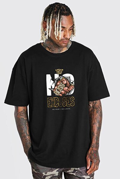 No Excuses Baskılı Siyah Premium Oversize Tişört