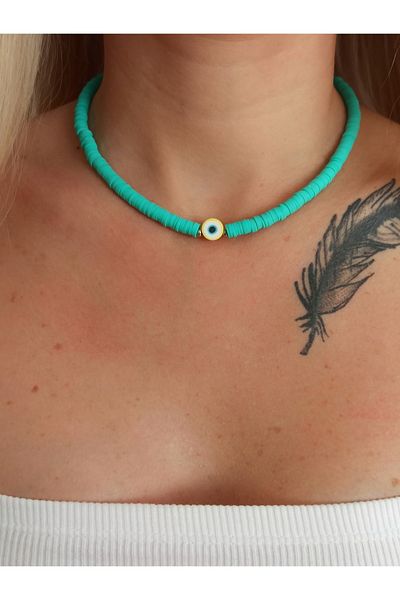 DENİZDENAL Turquoise Evil Eye Bead Fimo Summer Necklace