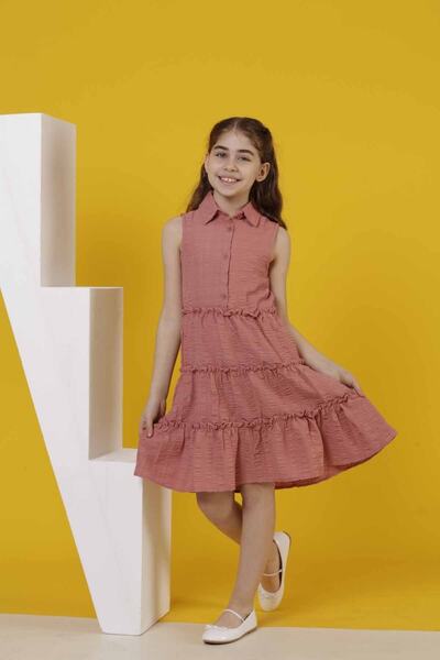 Smile Kids فستان بناتي بسيط وأنيق ومريح بأكمام صفر وياقة بأزرار