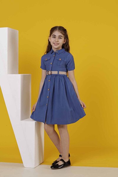 Smile Kids فستان بناتي بأكمام قصيرة وياقة بأزرار وحزام وبسيط وأنيق ومريح