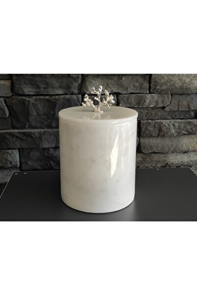 Polen Stone سلة المهملات من الرخام الأبيض مع ملحق مرجاني فضي اللون