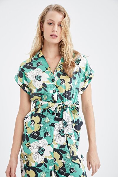DeFacto Patterned Shirt Collar Short Sleeve Belted Midi Jumpsuit