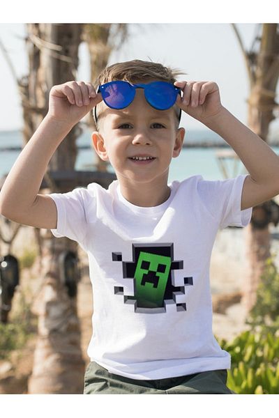 MINECRAFT تي شيرت أبيض للأطفال مطبوع عليه زاحف
