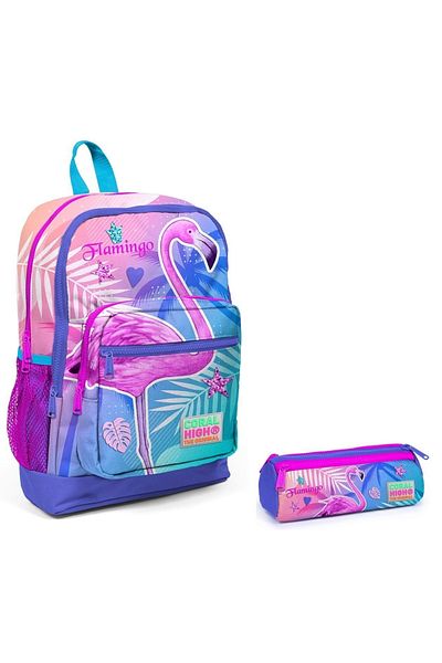Coral High Set rucsac și suport stilou pentru școala primară - imprimat flamingo roz