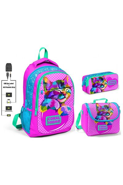 Yaygan Set de genți Coral High Girl Pink Cute Cat 3 piese - Cu priză USB
