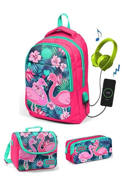 Yaygan Coral High Girl's Pomegranate Flamingo 3-Piece Bag Set - With USB Socket