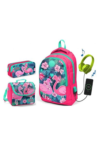 Yaygan Coral High Girl's Pomegranate Flamingo 3-Piece Bag Set - With USB Socket
