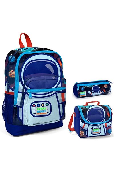 Coral High Blue Astronaut Printed Boy's 3-Piece Primary School Bag Set