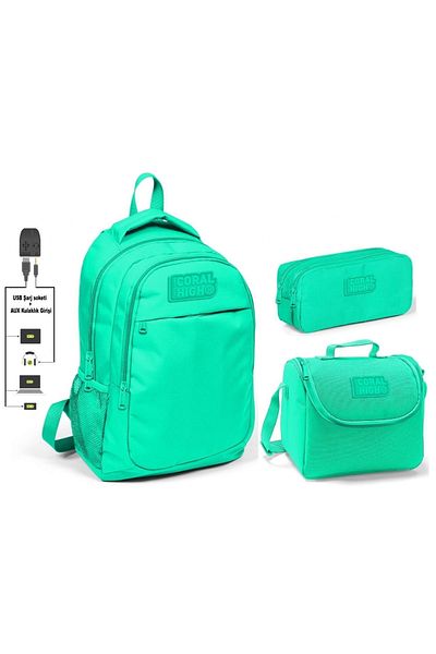 Yaygan Coral High Girl's Water Green 3-Piece Bag Set - With USB Socket
