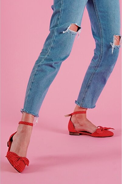 DİVOLYA Mambo Red Polka Dot Bow Ankle Strap Pointed Toe Casual Ballerinas