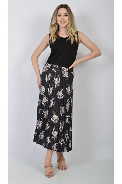 SORALLİNE Fusta plisată de damă cu imprimeu satinat 781 negru