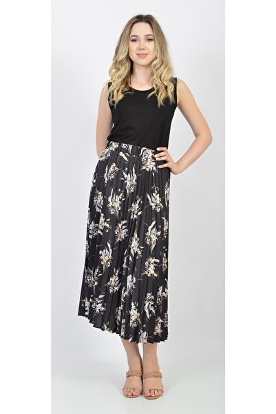 SORALLİNE Fusta plisată de damă cu imprimeu satinat 781 negru