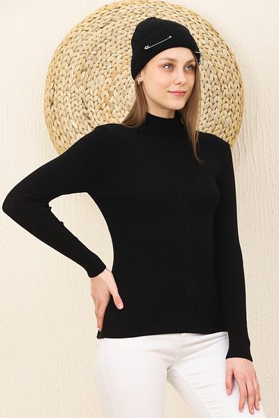 VEGENZE Pulover de damă negru cu gât cu șnur, tricotat cu model