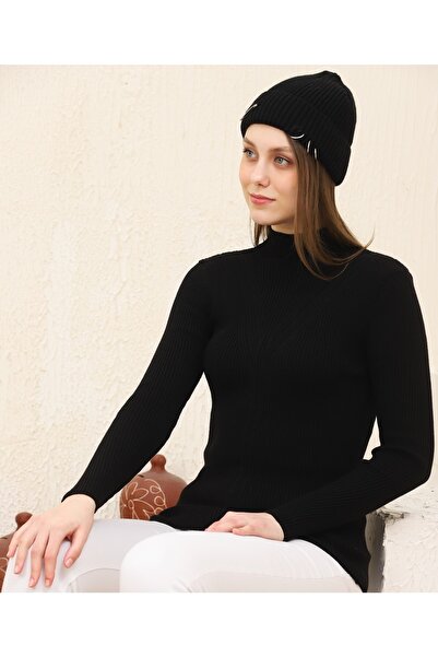 VEGENZE Pulover de damă negru cu gât cu șnur, tricotat cu model