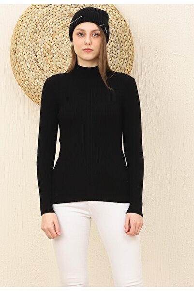 VEGENZE Pulover de damă negru cu gât cu șnur, tricotat cu model