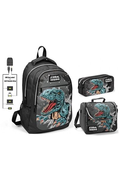 Yaygan Coral High Boy's Dinosaur Patterned 3-Piece Bag Set - With USB Socket