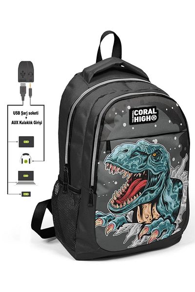 Yaygan Coral High Boy's Dinosaur Patterned 3-Piece Bag Set - With USB Socket
