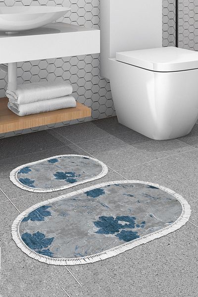Alanur Home Eko Trend Djt 2 Πλενόμενη Βάση Οβάλ Χαλάκι Μπάνιου 660m Ακουαρέλα Μπλε (50 X 80 - 40 X 50)