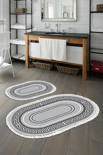 Alanur Home Eko Trend Djt 2 Pack Πλενόμενη αντιολισθητική βάση Οβάλ Χαλάκι μπάνιου 651m Μοντέρνο Γκρι (60 X 100 - 50 X 60)