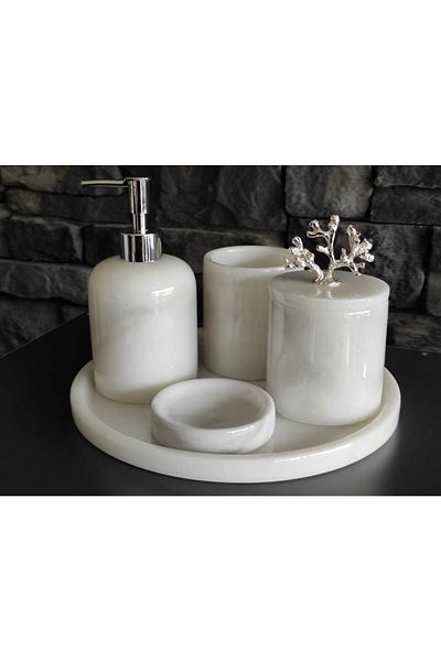 Polen Stone 5-Piece Bathroom Set with White Marble Silver Coral Accessories
