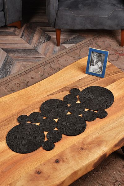 Natural Dowry Rustic Lite Black Washable Polyp Wicker Rope Living Room Dining Table Coffee Table Kitchen Cloth Runner