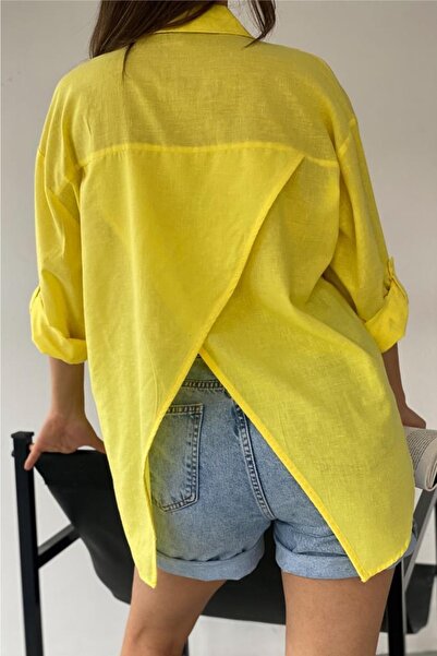 FEMELLE Női sárga hátsó ablak vékony nyári 100% pamut ing