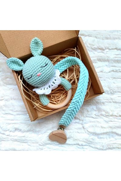 Pamuk Atölye Baby Gift Set - Amigurumi Rabbit Rattle and Macrame Pacifier Strap