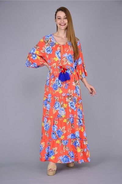 Hazinedan Жіноча етнічна квіткова понпонна довга богемська сукня